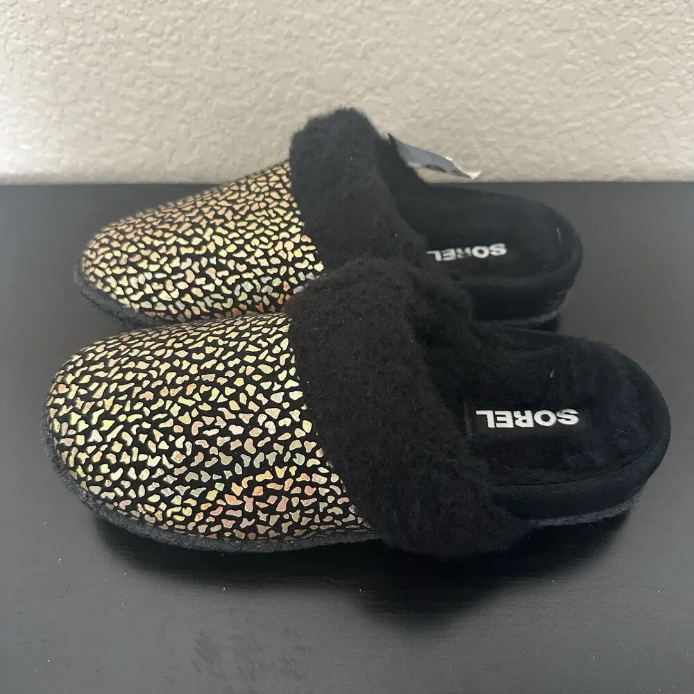 SOREL Nakiska Youth Girls Faux Fur Slippers Size 3 Black Gold Animal Print‎ Warm